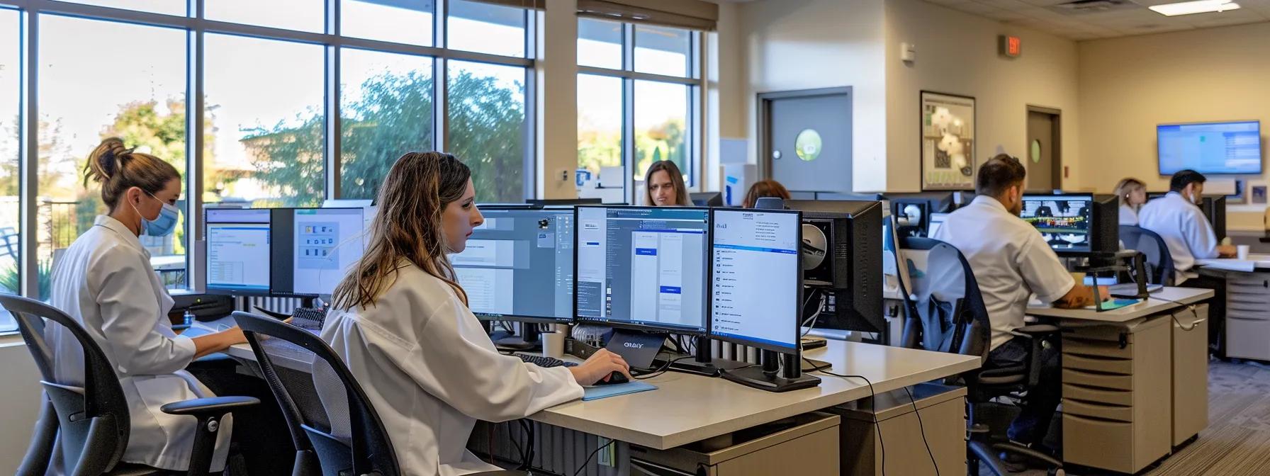 a modern, bustling office environment showcases a diverse team collaborating around advanced billing software on sleek computers, emphasizing streamlined workflows and enhanced practice operations in a busy mental health clinic setting. a modern, bustling office environment showcases a diverse team collaborating around advanced billing software on sleek computers, emphasizing streamlined workflows and enhanced practice operations in a busy mental health clinic setting.