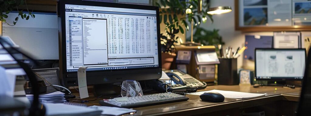 a meticulously organized office workspace, featuring a sleek computer displaying billing software, elegantly designed notes on best practices for mental healthcare billing, and a warm ambient light creating a professional and focused atmosphere.