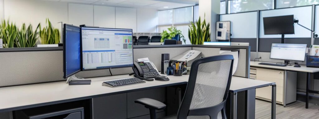 a modern office space featuring a sleek, organized desk with a computer displaying billing software, surrounded by neatly arranged documents, emphasizing the efficiency and professionalism of a billing service for mental health providers.