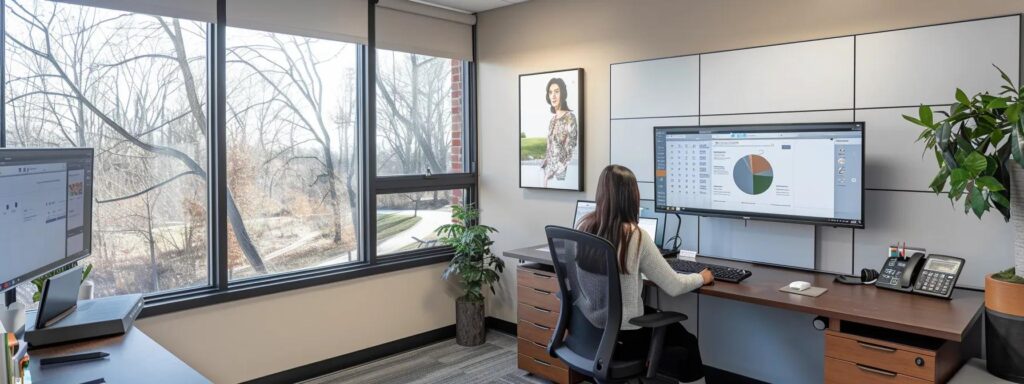 a modern, organized office space showcases a professional mental healthcare practice, highlighting a sleek desk with a focused therapist engaged in a video consultation, surrounded by sophisticated billing software displayed on a sleek monitor, embodying the efficiency and support of professional billing services.