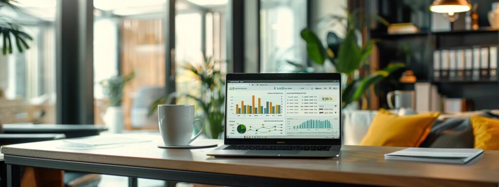 a sleek, modern office space features an elegant desk adorned with a laptop displaying a sophisticated billing software interface, highlighting a professional atmosphere tailored for psychologists managing patient accounts.