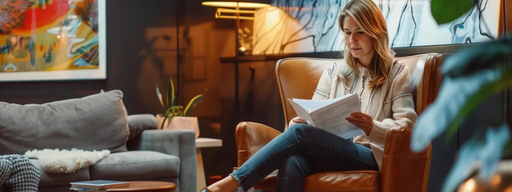a thoughtful therapist sits in a modern office, surrounded by plush seating and warm lighting, as they analyze paperwork detailing the complexities of going out of network, evoking a sense of professionalism and introspection.